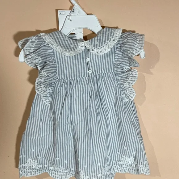 Cupcakes & Cashmere Blue & White Striped Lace-Trim Baby Dress With Headband Bow - Picture 3 of 8